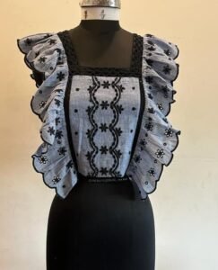Crop top with frill sleeve in yarn dyed stripe allover schiffly