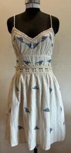 Stripe short dress in cotton linen with all over embroidery