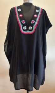 Cotton gauze kaftan with hand crochet yoke