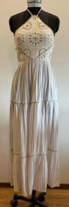 Halter neck dress with macramé yoke in yarn dyed stripe gauze